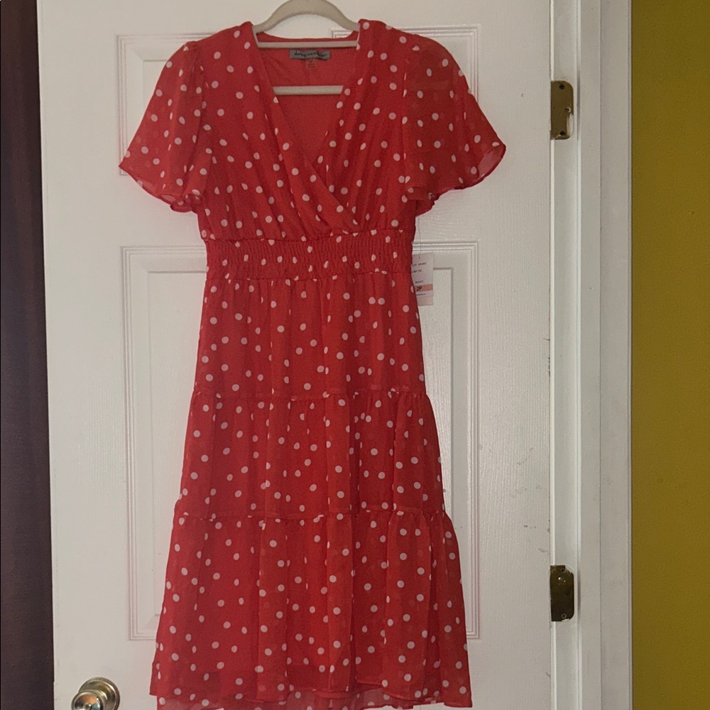 Danny & Nicole Red Polka Dot Tiered V-Neck Midi Dress